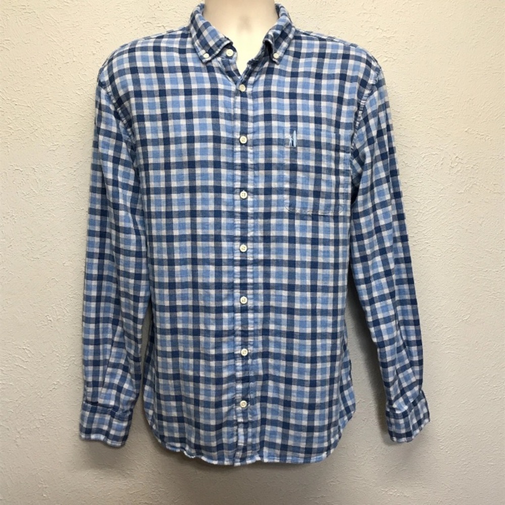 Johnnie-O Mens L Hangin Out Nelson Shirt Blue Plaid Long‎ Sleeve Pocket